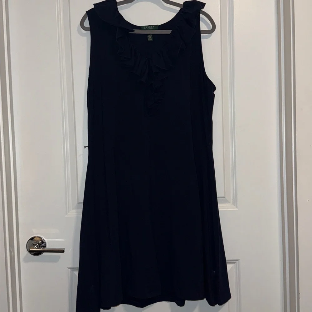Navy Ruffle Neck Dress - Picture 2 of 4